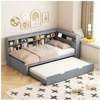 Flieks Massivholzbett, Einzelbett 90x200cm mit Stauraum, USB-Aufladen und Unterbett 90x190cm