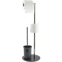 MSV Toilettenpapierhalter BERGAMO, WC Standgarnitur, 3 in 1: Toilettenbürste mit Rollenhalter und Ersatzrollen-Aufbewahrung, Edelstahl, farbiges Glas, 22x60 cm, grau
