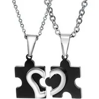 KARMA Partnerkette Paarkette Liebe modern Puzzle schwarz Silber Pärchenschmuck Herz (Halskette für Sie & Ihn, 2-tlg), Paarkette Liebe modern Liebeskette