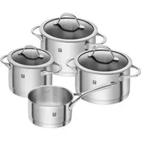 Zwilling Topf-Set Essence, Edelstahl 18/10 (Set, 7-tlg., je 1 Kochtopf Ø 16/20 cm, 1 Bratentopf Ø 20 cm, 1 Stieltopf Ø 16 cm), Sandwichboden sehr gute Wärmeverteilung Füllskala Edelstahlgussgriffe