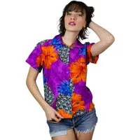 King Kameha Hawaiihemd Pineapple Hibiscus Funky Hawaiibluse Damen Kurzarm Front-Tasche