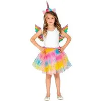Widdmann Kostüm Einhorn Set - Karneval Faschingskostüm Kinder, Regenbogenbuntes Set aus Rock, Flügeln und Kopfschmuck