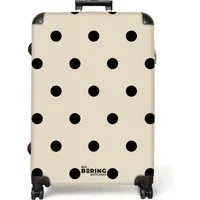 NoBoringSuitcases.com© Hartschalen-Trolley Beigefarbener Hintergrund mit schwarzen Punkten 77 cm - 98 L, 8 Rollen, Koffer Groß für 30kg, Trolley, Rollkoffer, Reisekoffer