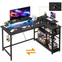 HOMALL Schreibtisch L-förmiger Computertisch mit Steckdosen, USB-Anschlüssen und Stauraum (120/140 × 50 × 75/80 cm großer Gaming-Tisch mit zwei Ablageflächen, einer abnehmbaren Trennwand zum Selberbauen und Kopfhörer-/Becherhaltern)