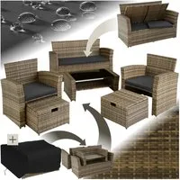 tectake Sitzgruppe Rattan Gartenlounge für 4 bis 6 Personen, mit Sicherheitsglasplatte, (Loungeset Modena, 6-tlg., für Außen in Naturfarben), widerstandsfähig, UV-beständig, inklusive Staufach und Schutzhülle
