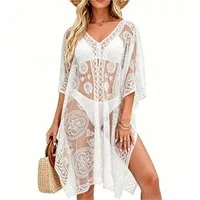 Mutig Strandkleid Damen Strandkleid Spitze Kurz mit V-Ausschnitt (Leichte Strandtunika als Bikini Cover Up, Luftiges Sommerkleid für Urlaub, Strand) Pool, Party & Bademode Überwurf