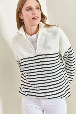 Gestreifter Reißverschluss-Kragen Relaxed Fit Pullover