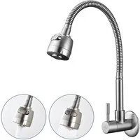 HOMELODY Küchenarmatur Wasserhahn Küche Wandmontage Kaltwasser Armatur mit Flexibler Auslauf Wandarmatur 2 Strahlarten Edelstahl Gebürstet