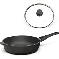 Hoffmann Germany Bratpfanne Schmorpfanne Ø 28 cm hoher Rand mit Deckel – Made in Germany, Aluguss (Set, 2-tlg., 1x Pfanne Ø 28 cm mit hohem Rand + 1x Glasdeckel), abnehmbarer Griff, Antihaft, backofenfest bis 250°C, Induktion