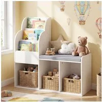 COSTWAY Kinderregal, 3-stufiges Bücherregal mit 3 offenen Ablagen & Sitzbank