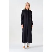 fashionshowcase Longtunika Damen lange Tunika verdeckte Knopfleiste Modest elastisch elegant minimalistischer Look, fließender Fall, ideal für Modest Outfits