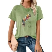 PYLIKE Print-Shirt Bequemes Shirt Damen Kurzarm Sommer Basic-Shirt mit Feder Print Bequem für Freizeit und Büro,Strandurlaub