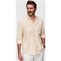 OMBRE Langarmhemd Herren Leinenhemd Regular Fit Casual Creme XL (kein Set, 1-tlg) Button-Down Kragen, Brusttaschen mit Knopf