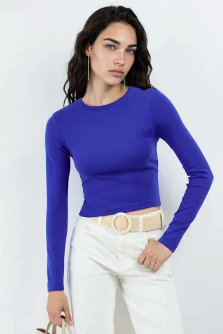 Slim Fit Langärmliges Cropped Top mit Rundhalsausschnitt