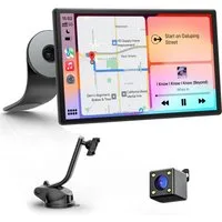 Topcony 9" Tragbares Wireless CarPlay 1024*600 IPS-Bildschirm Display Dashcam Dashcam (1024*600HD, WLAN (Wi-Fi), Voice Control/OTA/Bluetooth/AUX/FM, Hochformat/Querformat, Magnetic+Suction Cup Mounts)