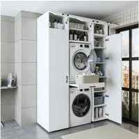 Roomart Waschmaschinenumbauschrank SERIE 2 Schrankwand 157 cm – 2 Hochschränke, Ausziehbrett, 240 cm (Set) Waschmaschine & Trockner übereinander, 2 Hochschränke, in 3 Farben