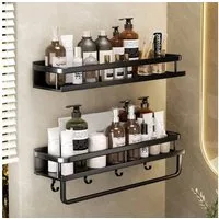 wohnTRAUM24 Duschregal Duschablage ohne Bohren-2 Stück Duschkorb mit Handtuchhalter,4 Haken, Duschhalterung Badregal Duschgel Badezimmer Regal selbstklebendes, Shampoo Halterung für Badezimmer Organizer