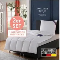 Excellent Daunenbettdecke + 3-Kammer-Kopfkissen Venedig, 2-tlg, hergestellt in Deutschland, verschiedene Größen, Füllung: Bettdecke: 90% Daunen, 10% Federn, Bezug: 100% Baumwolle, Decke mit Kissen,Set, Sommer, Winter, Bettdecke 135x200 cm, 155x220 cm