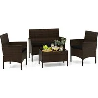 COSTWAY Balkonset, (4-tlg), 4 Personen, Rattan mit 2 Sessel, Bank, Tisch & Sitzkissen