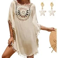 MOPUEA Strandkleid Damen Bikini Cover Up Strand-Tunika mit Fransen Strandbekleidung (mit Boho-Ohrringen, 1-tlg., Filigrane Häkelspitze umrahmt den tiefen V-Ausschnitt) Einheitsgröße mit Wohlfühlgarantie