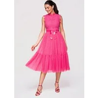 OMBRE Abendkleid Damen Midikleid Spitze A-Linie Cocktailkleid Fuschia S (kein Set, 1-tlg) Koronkowa góra, dół z siatki