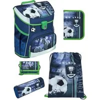 Scooli Schulranzen Campus Fit Fussball Schultasche, Soccer blau, ab 1. Klasse (Grund-Set, 5-tlg., mit gefüllter Federmappe, Turn- & Geldbeutel), mit Brustgurt, 980 Gramm leicht, 18L Volumen