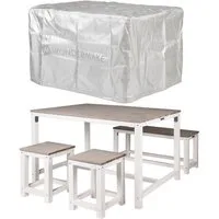 WONDERMAKE Sitzgruppe Sitzgarnitur Holz Outdoor Garten Balkon Terrasse Essgruppe Essgarnitur, (1x Tisch, 1x Bank, 2x Hocker, 4-tlg), Möbel-Set draußen außen 4-teilig: Holztisch Sitzbank Stühle, weiß grau
