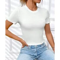 RMK T-Shirt Damen Shirt Top elegant kurzarm Rundhals Ausschnitt Uni aus halbgekämmter Baumwolle