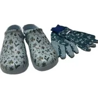 Steinnacher Bärbel Damen Gartenclogs Safari blau mit passenden Gartenhandschuhen Clog