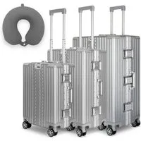 WINLIFE Trolley Hartschalen-Koffer Alu-Rahmen Silber Trolley M, L, XL + Nackenkissen, 4 Doppelrollen Rollen, ABS+PC-Hartschale, TSA-Zahlenschloss, 360°-Doppelrollen