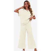 Imily Bela Hausanzug Damen Loungewear-Sets (Set, 1 tlg., Kurzarmtops + Cropped-Hosen mit weitem Bein) einfarbig
