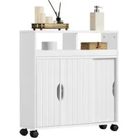 Yaheetech Badkommode Badezimmerschrank 70 × 20 × 72 cm, mit Schiebetüren & 4 Räder mit Bremsen & 7 Fächern