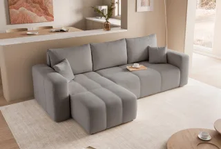 Ecksofa Schlafsofa Sofa LEROS in Stoff Manila Grau Ottomane Links