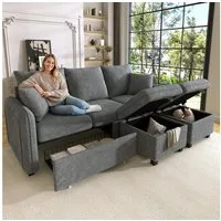 Merax Ecksofa U-förmiges Schlafsofa mit Staufunktion, Tagesbett Sofa Wohnzimmersofa aus Chenille-Bezug 1 Teile, 3-Sitzer-Ecksofa mit 2 Schubladen & 2 Hocker mit Stauraum, Polstersofa