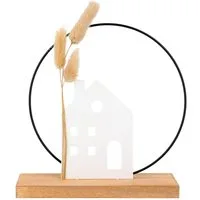 NOOR LIVING Dekofigur Deko Aufsteller Haus mit Metallring und Trockengräsern (Häuserdeko, Herbst, Holz), Herbstdeko innen