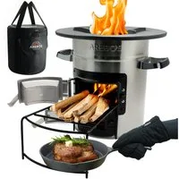 Arebos Feuerstelle Raketenofen inkl. Grillpfanne Dutch Oven BBQ, (Set), Inkl.Tragetasche,Schutzhandschuhe,Gusseisen-Pfanne & Brennholzgestell