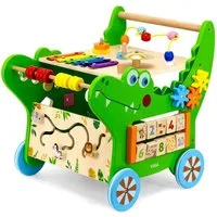 TikTakToo Lauflernwagen Baby Aktivity Walker, Lauflernwagen Lauflerner, Motorikbrett, (mit Xylophon, Glocke, Stapelspiel, Motorikspieltisch auf Rädern mit Formensteckspiel, Motorikschleife), aus FSC-Holz, mit Gummilaufringen und Motorikspielzeug, Mot