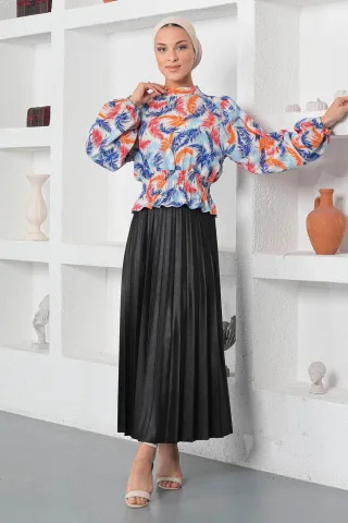 Gemustert Elastisch Bluse Blau