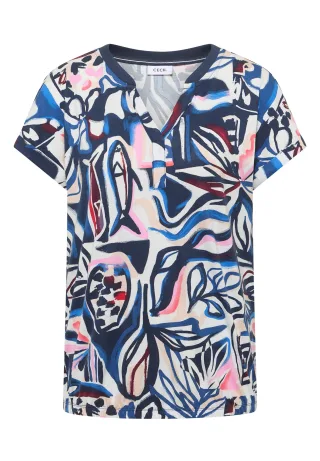 CECIL - T-Shirt mit Split Neck und Grafikprint universal blue - Gr. - L