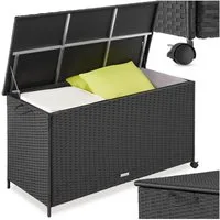 tectake Gartenbox Aluminium Auflagenbox mit Rattangeflecht, 116 x 54 x 64 cm (Kissenbox Kuusamo, in schwarz, 253 L), Griffschlaufe und 2 drehbare Rollen mit Feststellbremse, Hubautomatik