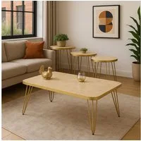Jungengel Couchtisch Set 4-teilig Travertin Creme Gold Wohnzimmer Beistelltisch Naturstein (4-St., 4-teiliges Tisch-Set), Luxus Couchtisch-Set Travertin Creme mit goldenen Metallbeinen