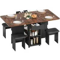 Mondeer Essgruppe Esstisch mit 4 Polsterhocker, Platzsparender Drop-Leaf-Tisch mit 2 Schubladen & Rollen