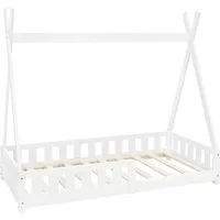 ML-DESIGN Spielbett Hausbett Tipi Zeltbett inkl. Lattenrost Bodenbett Kinder Himmelbett, Abenteuerbett mit Rausfallschutz Zelt Bett Kiefer Weiß Kinderhaus