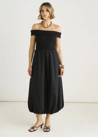 Schwarzes Midi-Kleid aus Jersey-Mix mit Puffärmeln im Bardot-Stil