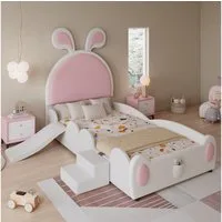 Flieks Kinderbett, Polsterbett Prinzessinbett Hasenohren 90x200cm mit Rutsche und Treppe