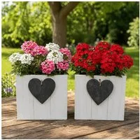 Online-Fuchs Blumentopf für draußen geeignet - 2er Set Blumenkasten aus Holz mit Herz (Weiß oder Grau, 15 x 15 cm groß), Dekoration für Wohnzimmer, Garten, Balkon oder Terrrasse