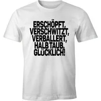 MoonWorks Print-Shirt Herren T-Shirt Spruch Erschöpft Verschwitzt Verballert Halbtaub Glücklich Fun-Shirt Party Festival Techno Rave Oberteil Moonworks® mit Print