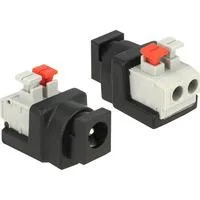 DC 5,5x2,1mm Buchse > Terminalblock 2Pin, Adapter schwarz/grau, Terminalblock schraubenlos m.Drucktasten