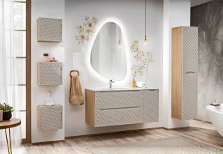 Badmöbel Set 7-tlg Badezimmerset LAXY Eiche Beige Regal rechts inkl. Waschtisch
