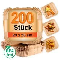 GOURMETmaxx Backpapier Backpapierschalen für Heißluftfritteusen (5–8 l) - 200 Stück, Airfryer Backpapier – flexible Form, 23 x 23 x 4,5 cm
